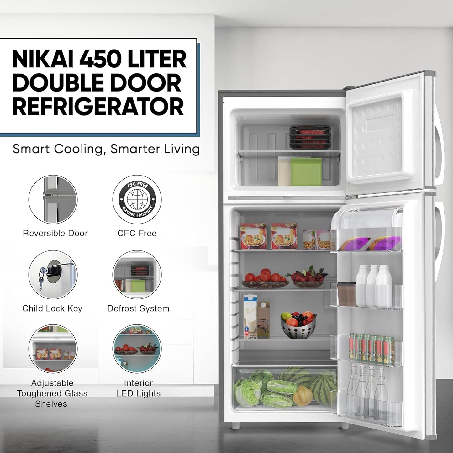 Nikai 170L Gross/112L Net, Double Door Refrigerator with Vegetable Crisper & Adjustable Glass Shelves, Defrosting & Temperature Control, Ideal for Kitchen, Bedroom, Office & Hotels - NRF170DN3M Silver
