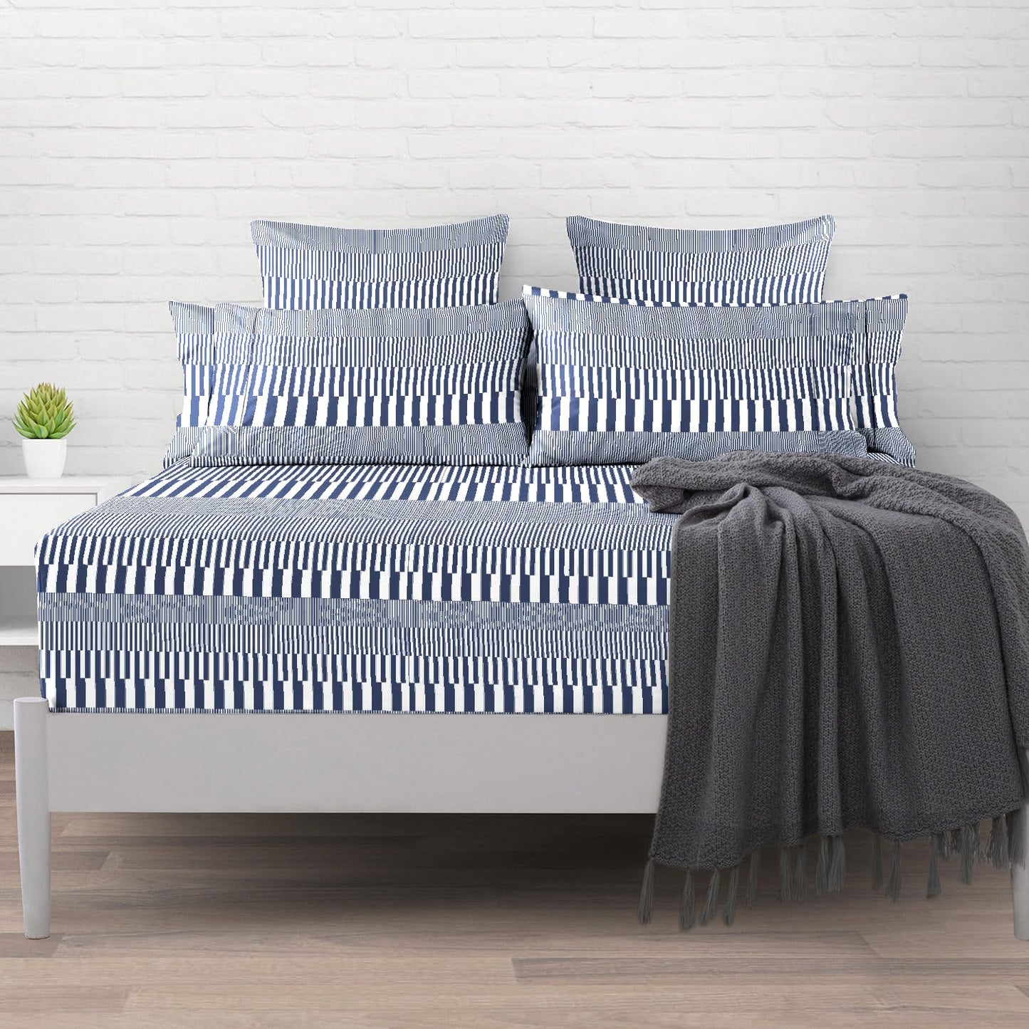 Pizuna Pure 100% Cotton Full Fitted Sheet Only, Luxurious 400 Thread Count Long Staple Cotton Sateen Weave 15" Deep Pocket Fitted Sheet (Combed Blue Cascade Stripe Full Fitted Sheet Cotton)