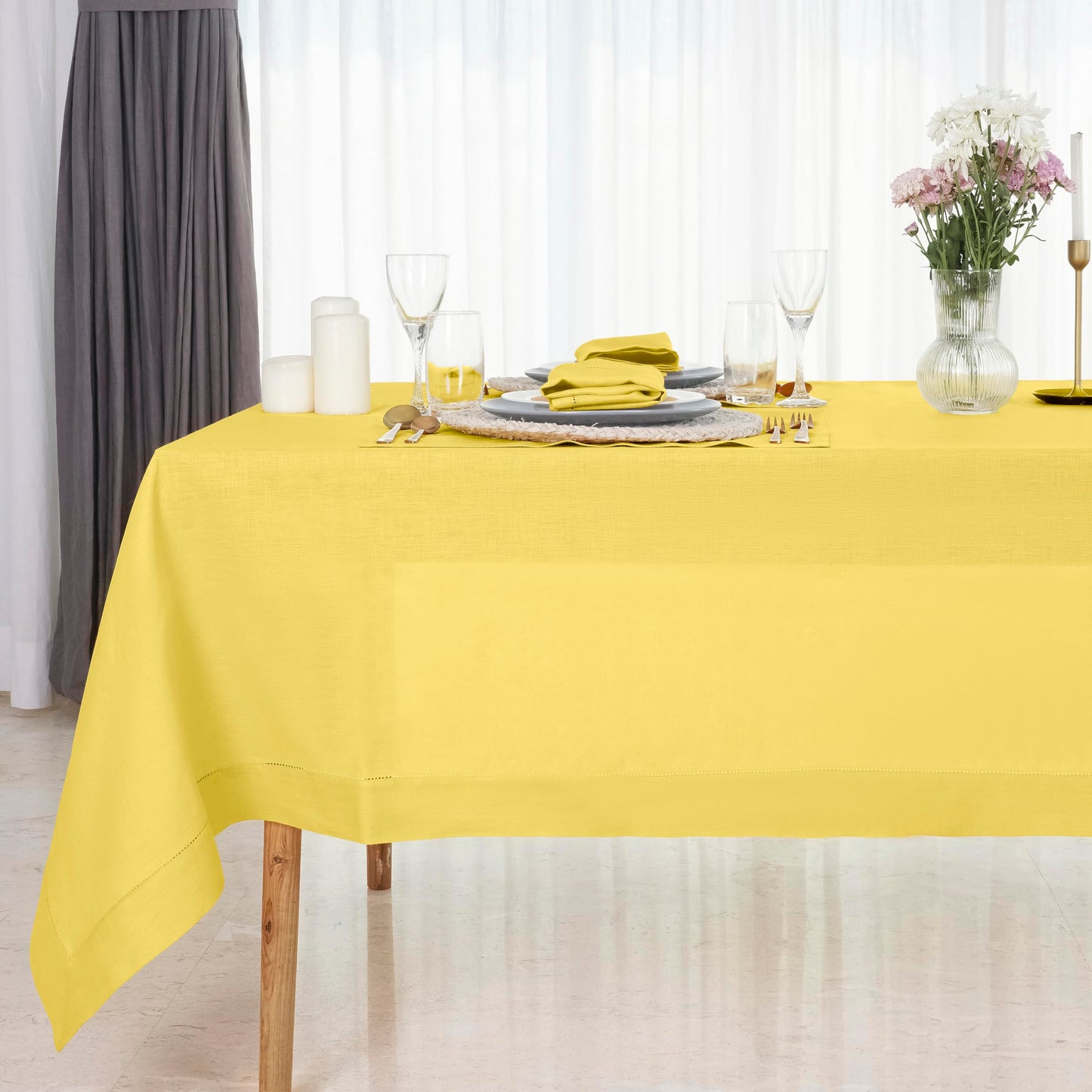 D'Moksha Homes Linen Tablecloth 60 x 144 Inch - 100% Pure Linen Classic Hemstitch Light Natural Tablecloth - Machine Washable Dining Tablecloth for Rectangle Tables for Easter