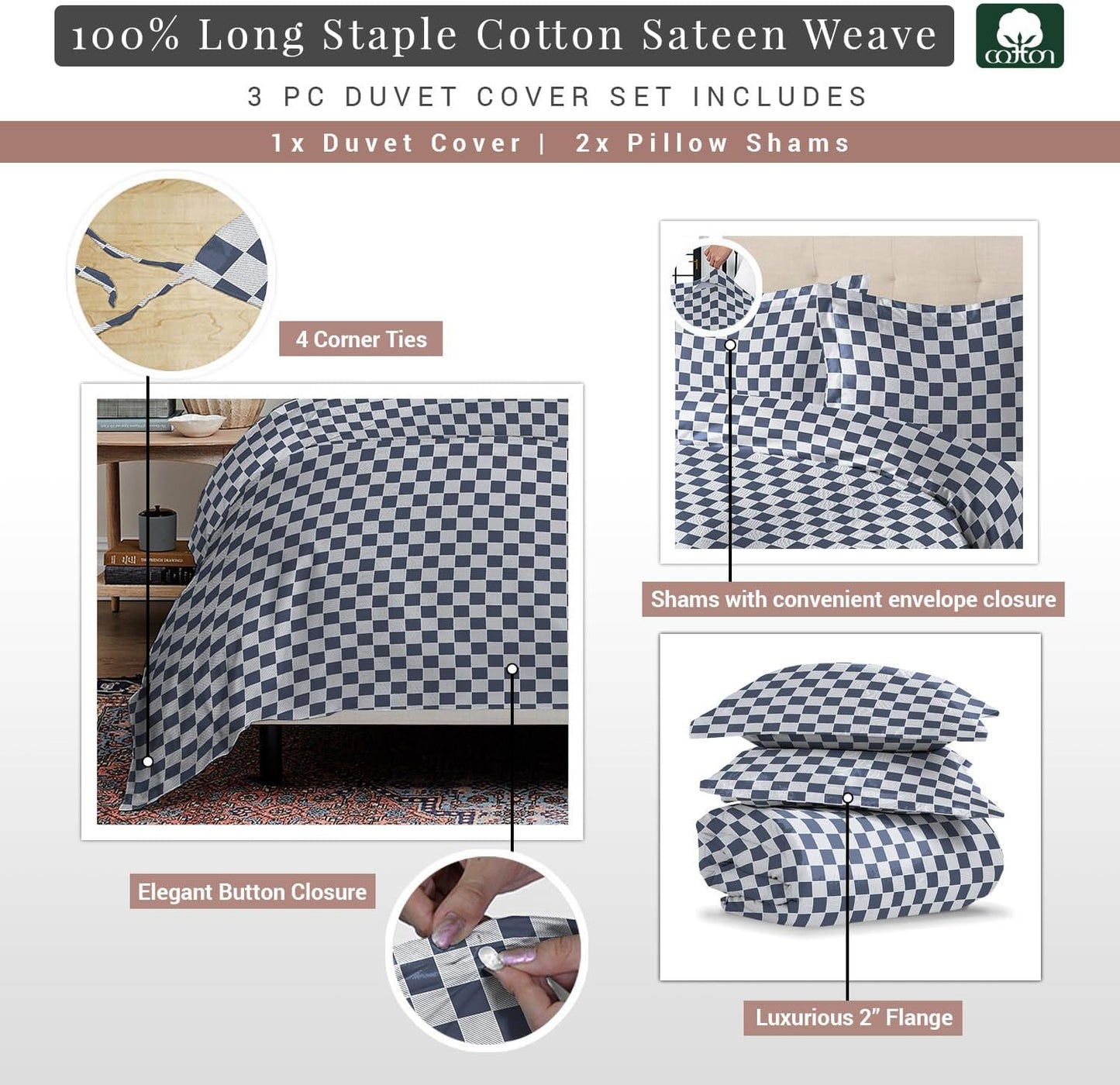 Pizuna Pure 100% Cotton Full Duvet Cover Set, Luxurious 400 Thread Count Long Staple Cotton Sateen Weave with Button Closure (Combed Grey Cascade Stripe Cotton Duvet Cover Full)
