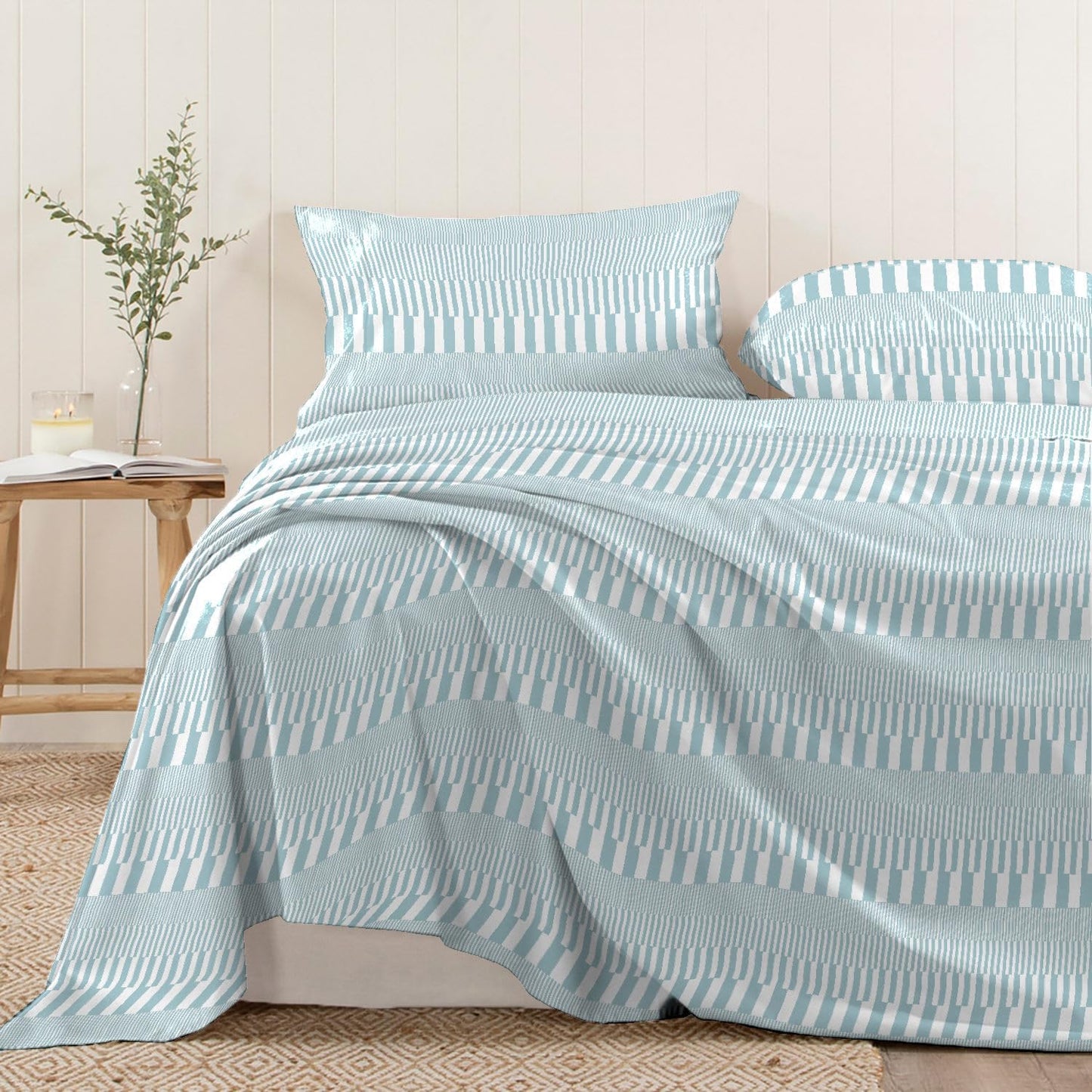 Pizuna Pure 100% Cotton Flat Sheets Only King Grey Cascade Stripe (1 PC), Luxurious 400 Thread Count Long Staple Cotton Sateen with 4" Hem (Combed King Flat Sheet Only Cotton)