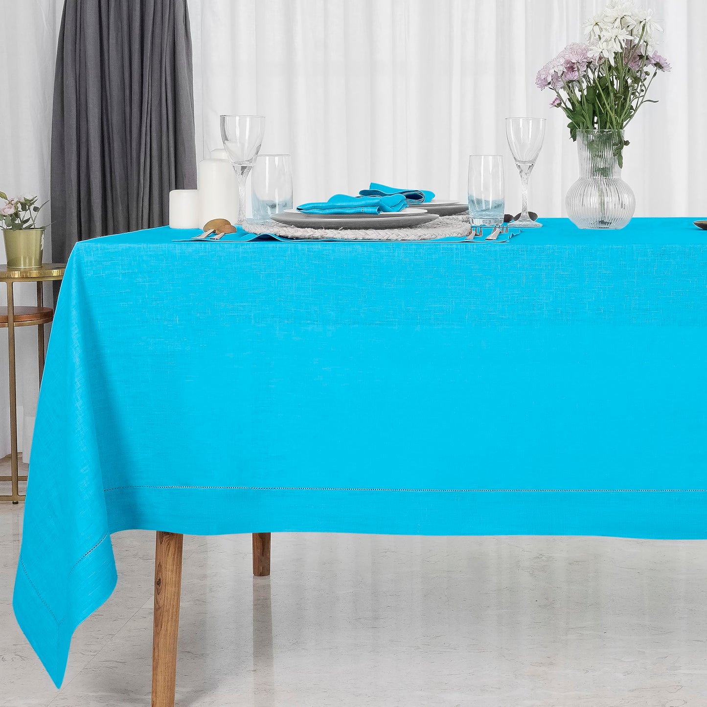 D'Moksha Homes Linen Tablecloth 60 x 144 Inch - 100% Pure Linen Classic Hemstitch Light Natural Tablecloth - Machine Washable Dining Tablecloth for Rectangle Tables for Easter