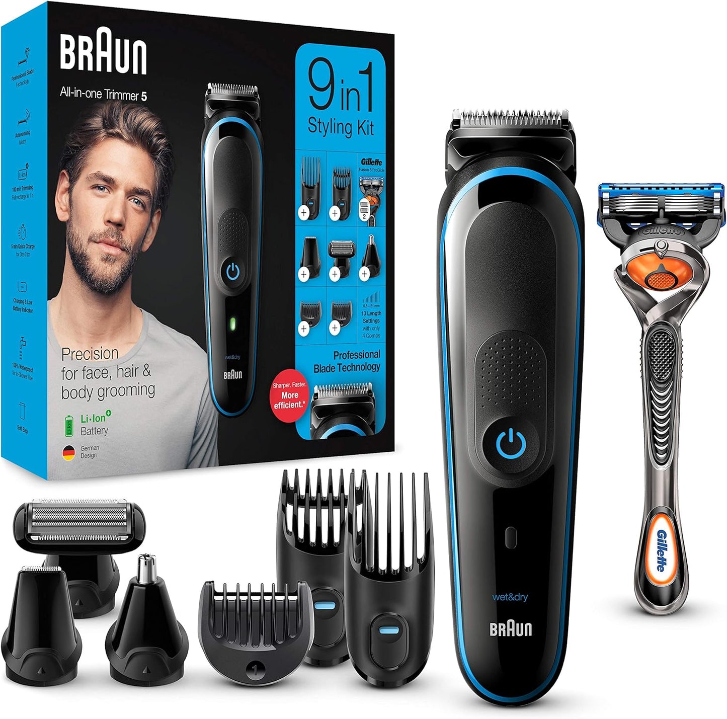 Braun MGK5245 7 in 1 Hair Clipper, Beard and Face Trimmer, Black/Blue