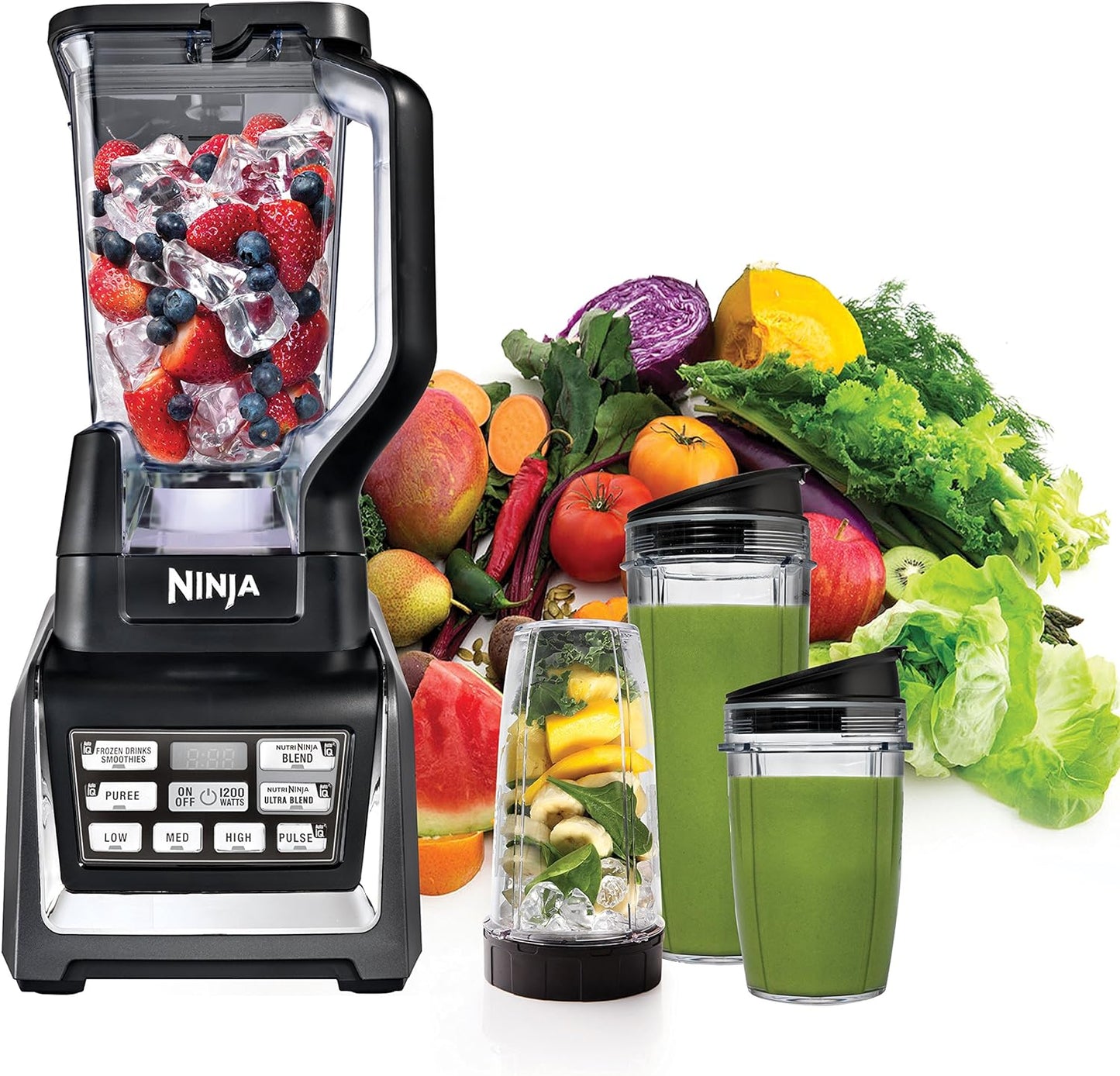 Ninja Nutri Ninja BL642 Personal and Countertop Blender with 1200-Watt Auto-iQ Base, 72-Ounce Pitcher, 18, 24, 32-Ounce Cups Spout Lids