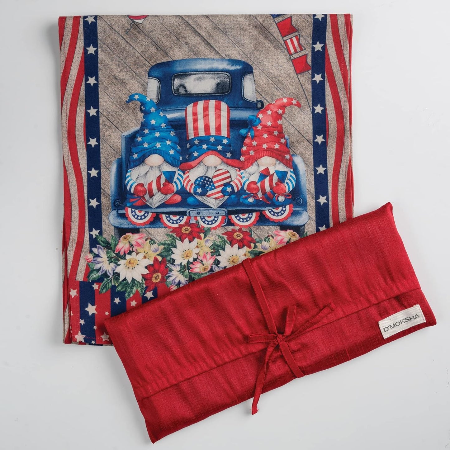D'Moksha Homes 4th of July Table Runner 48 inches Long - Farmtruck Gnomes, Faux Linen, Fourth of July Table Runner 13 x 48 Inch, Gnomes Table Runner, Patriotic Table Runner for Home Party Decoration