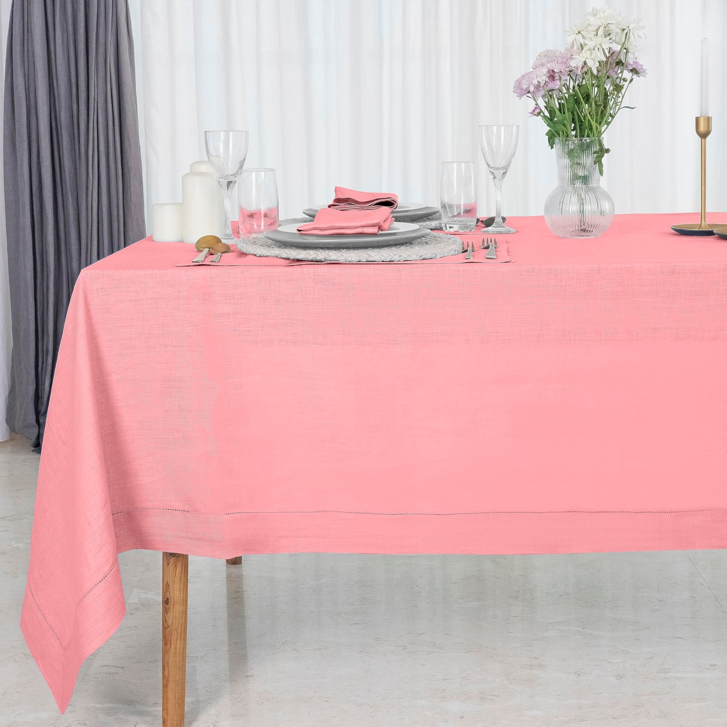 D'Moksha Homes Linen Tablecloth 60 x 144 Inch - 100% Pure Linen Classic Hemstitch Light Natural Tablecloth - Machine Washable Dining Tablecloth for Rectangle Tables for Easter