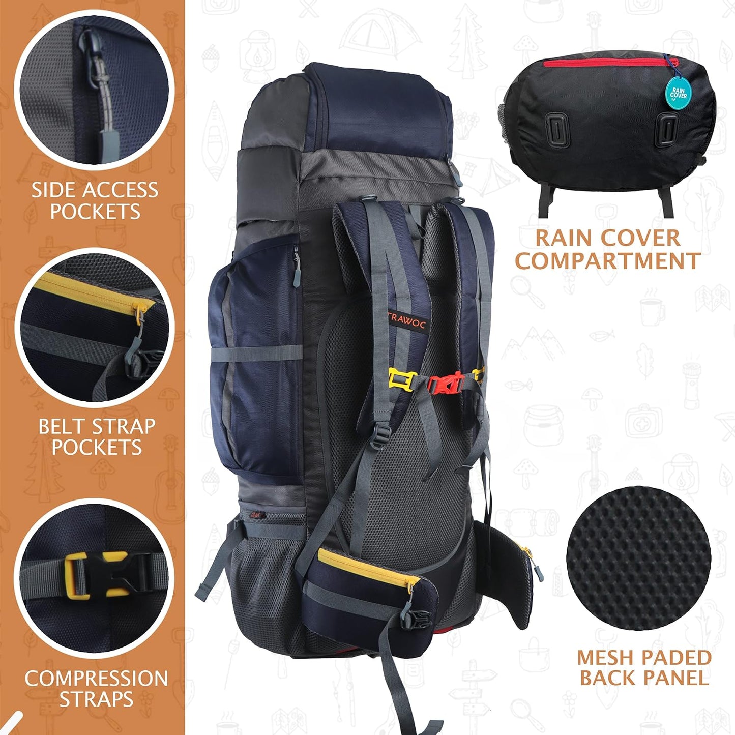 TRAWOC 80L Travel Backpack Camping Hiking Rucksack Trekking Bag with Water Proof Rain Cover/Shoe Compartment, BHK001
