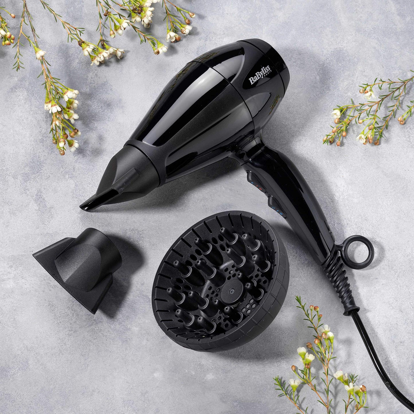BaByliss Compact Pro 2400 Hair Dryer AC, Italian Made For Quality & Long-lasting Performance, Ultra-slim Nozzle With Ionic Frizz Control Technology, Portable Dryer With Diffuser, 6715DSDE (Black)