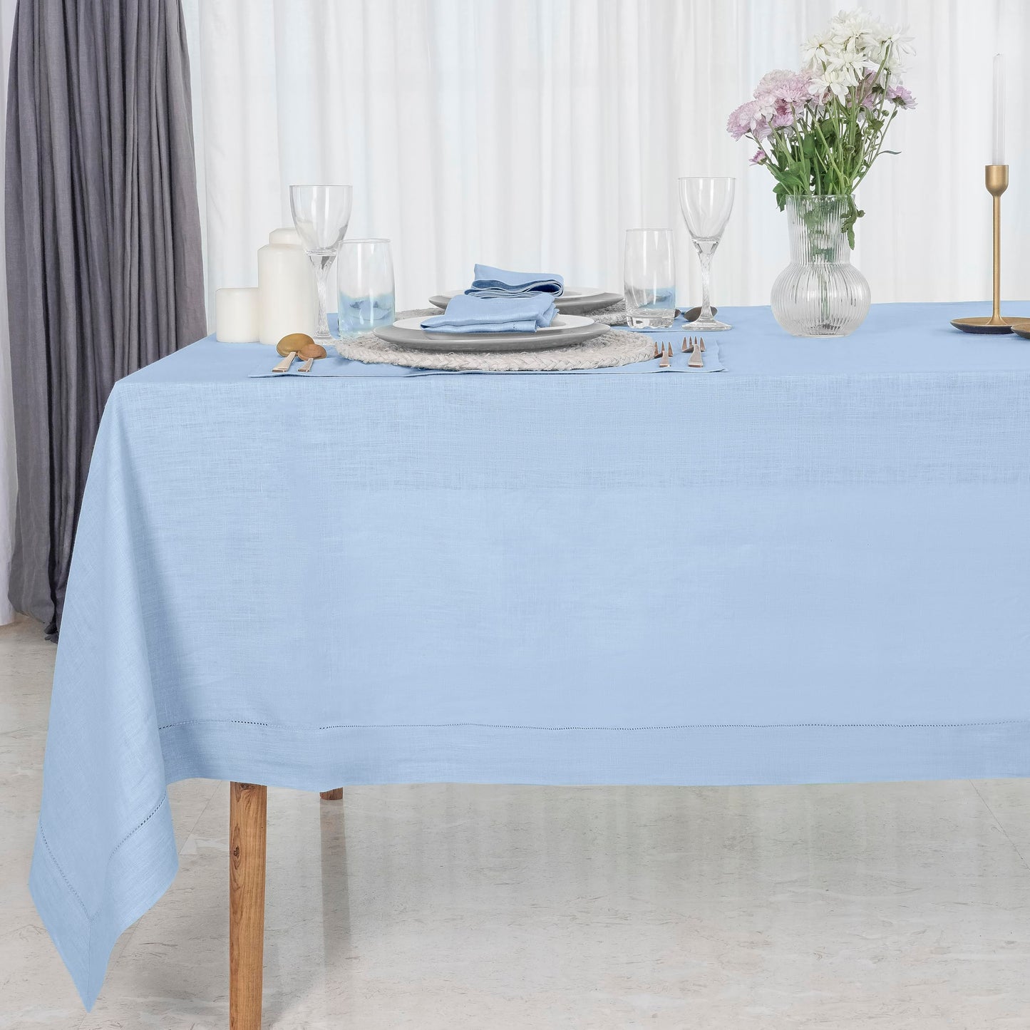 D'Moksha Homes Linen Tablecloth 60 x 144 Inch - 100% Pure Linen Classic Hemstitch Light Natural Tablecloth - Machine Washable Dining Tablecloth for Rectangle Tables for Easter