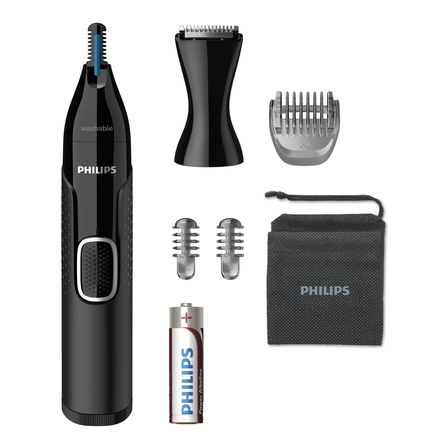 PHILIPS Nose Hair Trimmer, Series 3000 Nose, Ear and Eyebrow Trimmer Showerproof with Protective Guard System, Battery Operated, No pulling Guaranteed NT3650/16, Grey