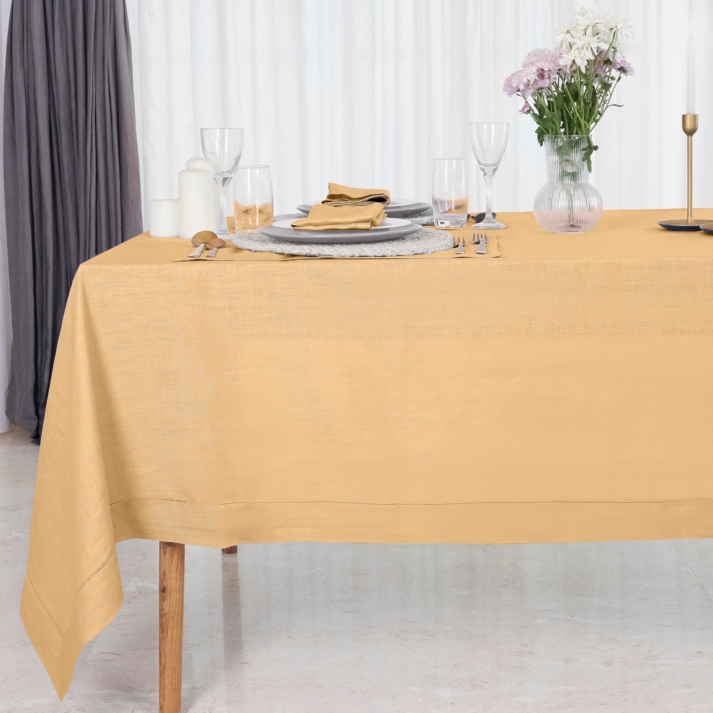 D'Moksha Homes Linen Tablecloth 60 x 144 Inch - 100% Pure Linen Classic Hemstitch Light Natural Tablecloth - Machine Washable Dining Tablecloth for Rectangle Tables for Easter