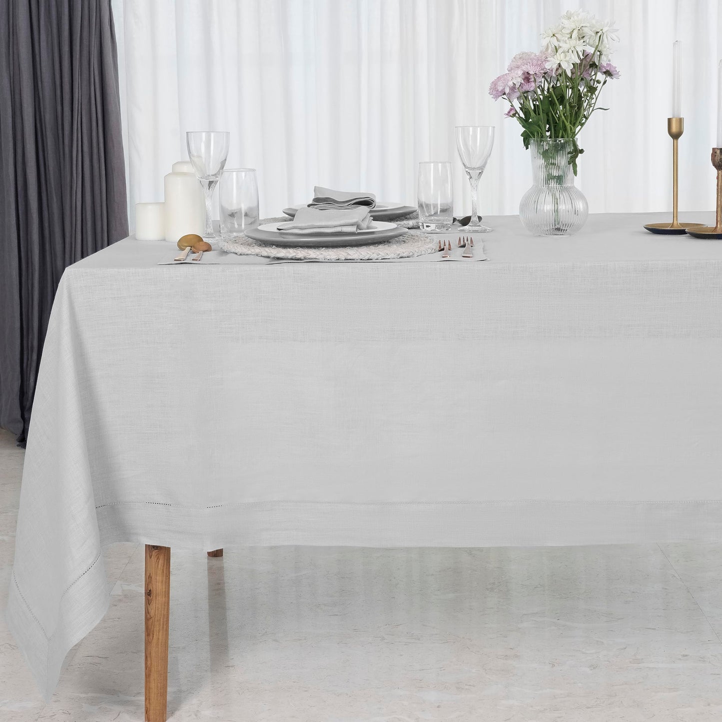 D'Moksha Homes Linen Tablecloth 60 x 144 Inch - 100% Pure Linen Classic Hemstitch Light Natural Tablecloth - Machine Washable Dining Tablecloth for Rectangle Tables for Easter