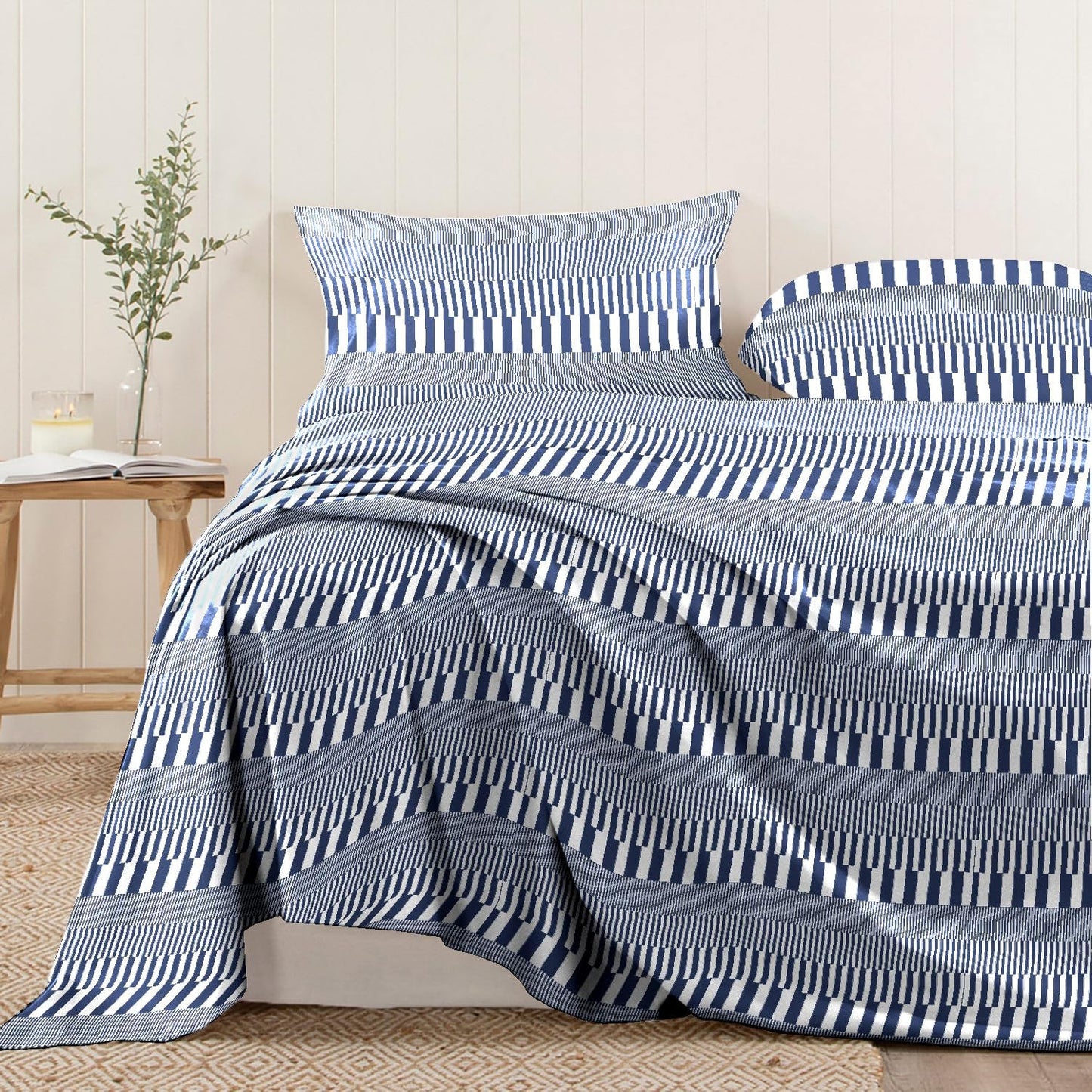 Pizuna Pure 100% Cotton Flat Sheets Only King Grey Cascade Stripe (1 PC), Luxurious 400 Thread Count Long Staple Cotton Sateen with 4" Hem (Combed King Flat Sheet Only Cotton)