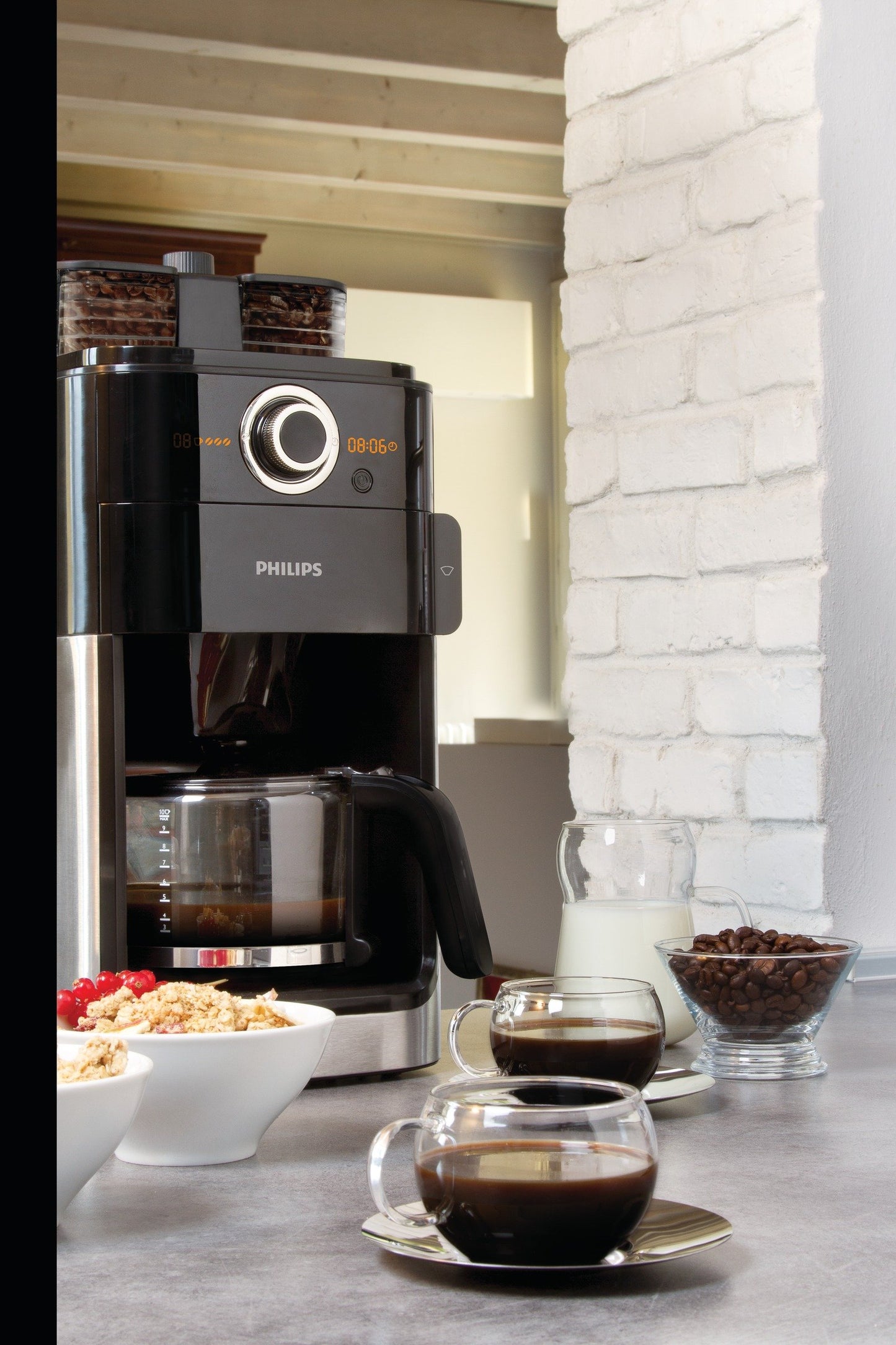 PHILIPS Grind and Brew Coffee Maker with Glass Jug, Grind and Brew System, HD7762, Black/Silver - International Version