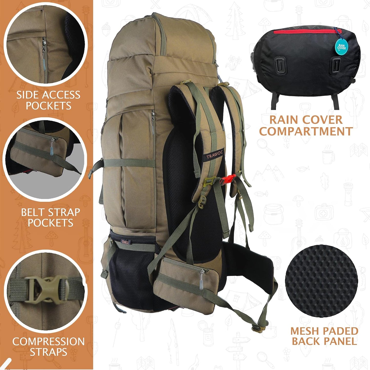 TRAWOC 80L Travel Backpack Camping Hiking Rucksack Trekking Bag with Water Proof Rain Cover/Shoe Compartment, BHK001