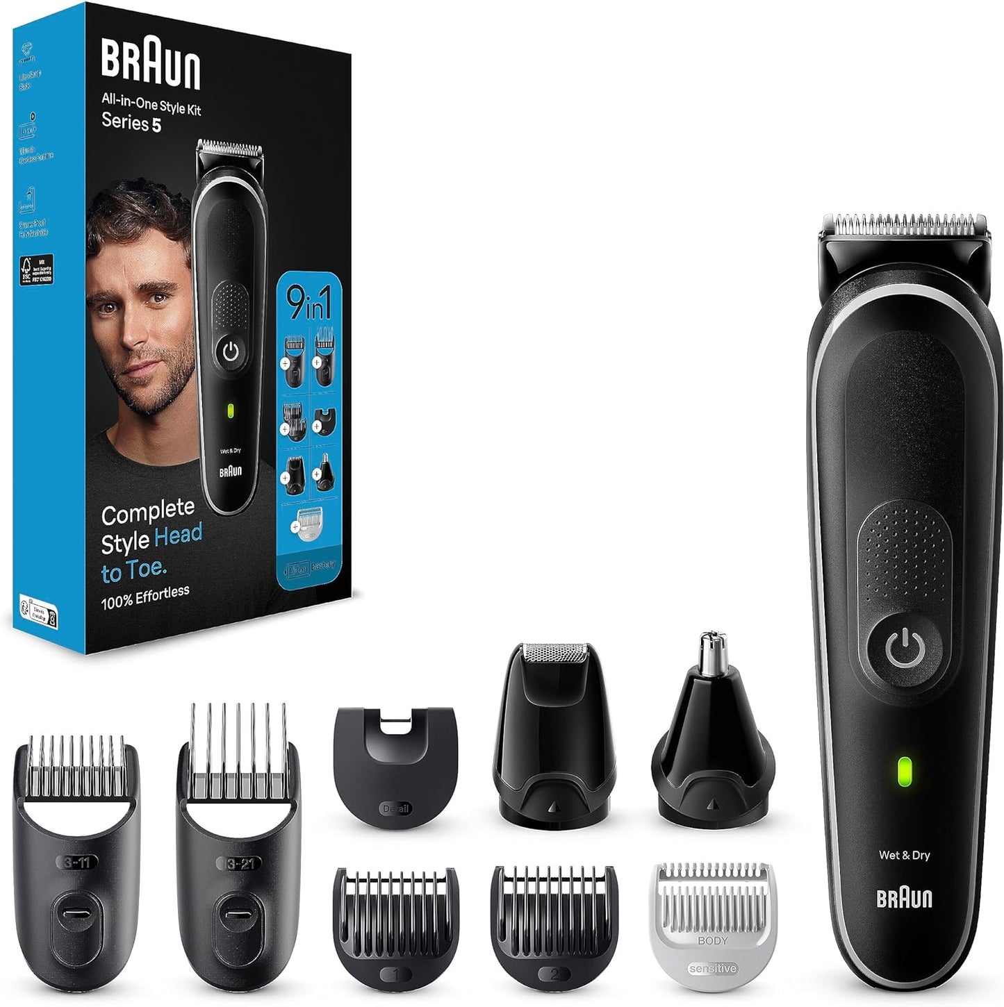 Braun MGK5245 7 in 1 Hair Clipper, Beard and Face Trimmer, Black/Blue