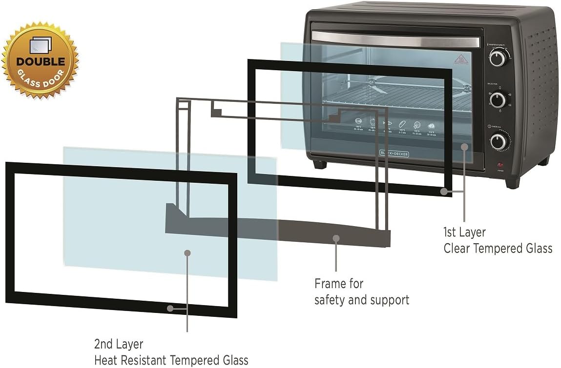 Black & Decker 2200W 70L Toaster Oven 90-230 Temp Setting, Double Grill With Convection And Glass Door For Safety+Multiple Accessories Toasting Baking Broiling TRO70RDG-B5 2 Years Warranty