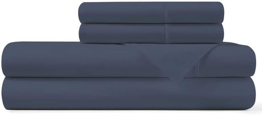 Pizuna Set of Dark Blue Cotton Percale Sheets Full Size, 100% Long Staple Cotton Percale Bed Sheets, 15 Inch Deep Pocket Full Size Sheet Sets Cotton (Full Size Dark Blue Sheets Percale)