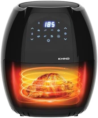 KHIND Air Fryer - 7.7L Capacity, 1800W Power, 10 Preset Menus, Digital Display & Touch Control, Low Fat Cooking up to 80%, Removable Basket & Pot, 2-Year Warranty - Black, ARF77D- Made In China