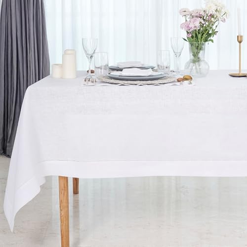 D'Moksha Homes Linen Tablecloth 60 x 144 Inch - 100% Pure Linen Classic Hemstitch Light Natural Tablecloth - Machine Washable Dining Tablecloth for Rectangle Tables for Easter