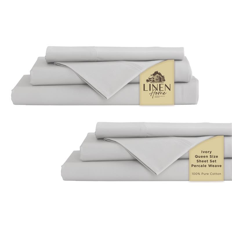 Linen Home 100% Cotton Percale Sheets Twin Size, White, Deep Pocket, 3 Pieces Set - 1 Flat, 1 Deep Pocket Fitted Sheet and 1 Pillowcase, Crisp Cool and Strong Bed Linen