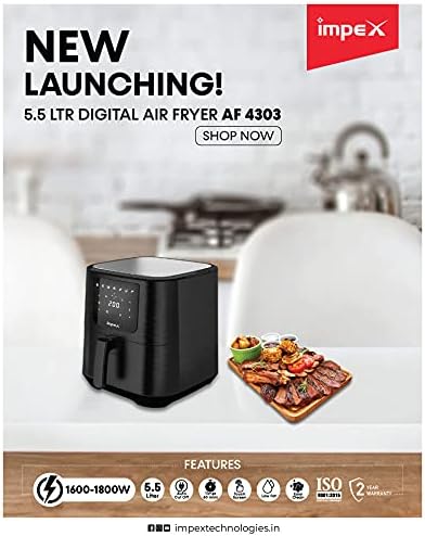 Impex 2.5 Ltr Air Fryer - Ideal for Meat, Fish, Vegetables, French Fries, Temperature Control 80°C-200°C, Timer 30 Mins with 2 Year Warranty-Black (AF 4302)