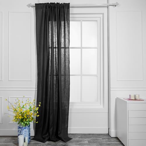 D'Moksha Homes Linen Curtain 108 Inches Long - Black Curtain 52 x 108 Inch 1 Panel - Light Filtering Rod Pocket Curtain - 100% Pure Linen European Flax Window Curtain Panel for Bedroom, Living Room