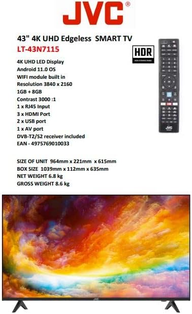 JVC 43 Inch 4K UHD Smart TV Google Play, Netflix, YouTube, WiFi Color Black Model - LT43N7115-1 Years Warranty.