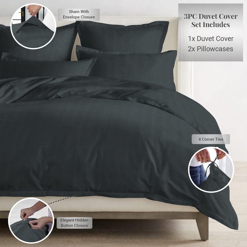 Dobby Striped Twin Duvet Cover Cotton Anthracite Grey, 300 Thread Count 100% Long Staple Cotton Damask Twin Quilt Cover, Sateen Duvet Cover with Hidden Button Closure (Striped Twin Duvet Cover) Pizuna