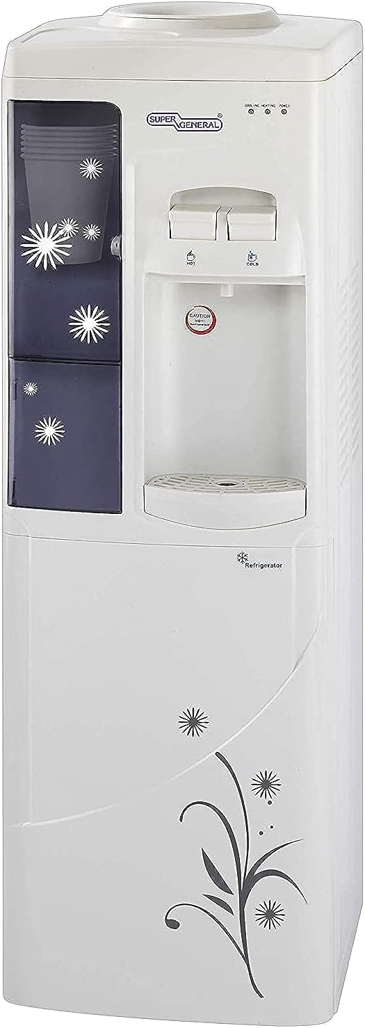 Super General Hot and Cold Water Dispenser, Water-Cooler with Cooling Cabinet and Cup-Holder, Instant-Hot-Water, 2 Taps, SGL-1191, White/Grey, 31.2 x 32.5 x 96 cm, 1 Year Warranty