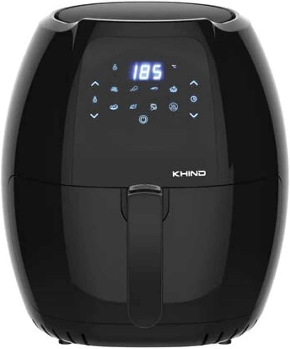 KHIND Air Fryer - 7.7L Capacity, 1800W Power, 10 Preset Menus, Digital Display & Touch Control, Low Fat Cooking up to 80%, Removable Basket & Pot, 2-Year Warranty - Black, ARF77D- Made In China
