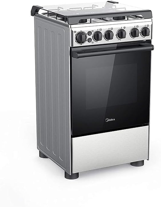 Midea 49.5x55.6x85 cm, Freestanding Cooker, Full Gas Cooking Range With 4 Burners, Stainless Steel, Automatic Ignition & Full Safety, Cast Iron Pan Support, Mechanical Timer, Heat Resistant Knobs