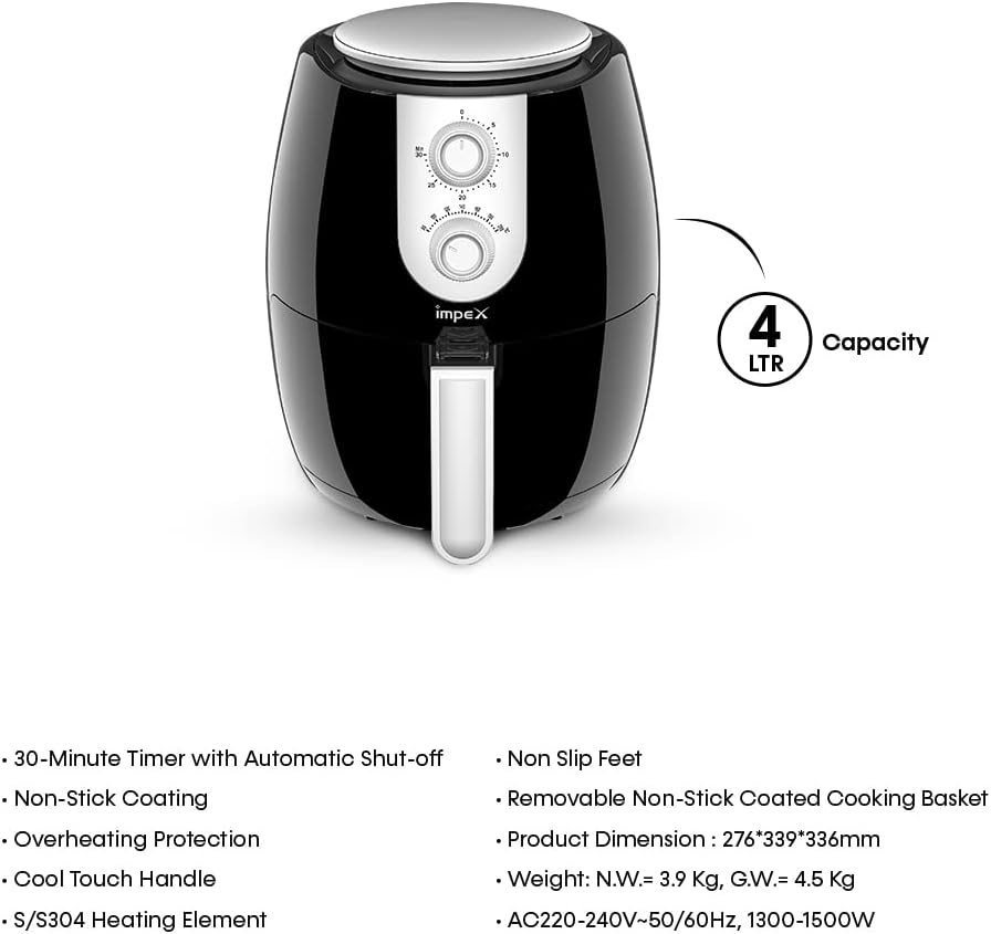 Impex 2.5 Ltr Air Fryer - Ideal for Meat, Fish, Vegetables, French Fries, Temperature Control 80°C-200°C, Timer 30 Mins with 2 Year Warranty-Black (AF 4302)