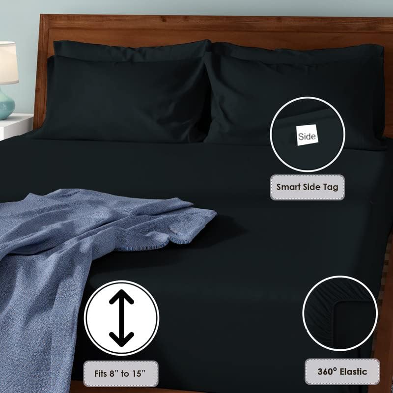 800 Thread Count Cotton King Fitted Sheets Black 1pc, 100% Long Staple Pure Cotton, Smooth Sateen Fitted Sheet Bed fit Upto 15 inch Deep Pockets (Black 100% Cotton Deep Fitted Sheets King)