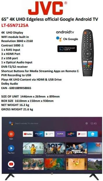 JVC 65 Inch 4K Smart TV Android 11 With Google Assistant Google Play Chromecast Built in - LT65N7125A