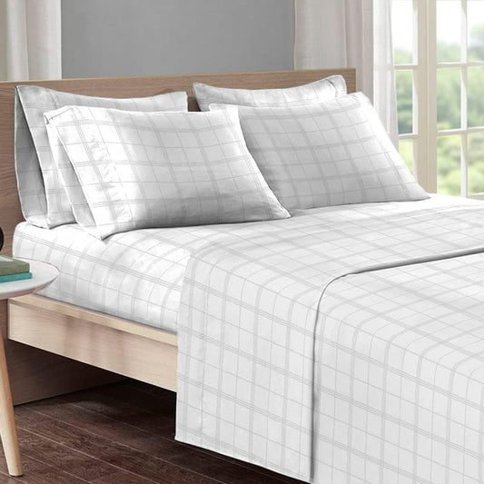 Pizuna Full 4pc Sheet Set, 300 Thread Count Sateen Weave, 100% Long Staple Cotton, Damask White Striped, 4pc Set Includes Fitted, Flat Sheets & 2 Pillowcases
