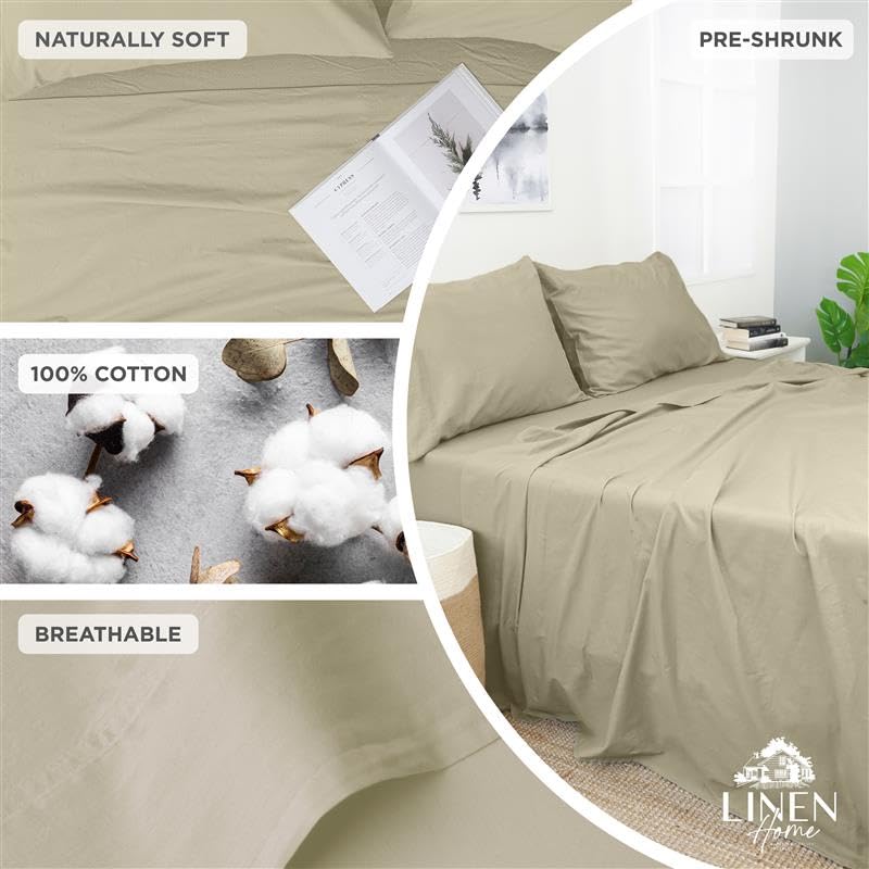 Linen Home Washed Cotton Percale Full Sheet Set, Sage, Preshrunk, 4 Pieces Sets - 1 Flat, 1 Deep Pocket Fitted Sheet & 2 Envelope Closure Pillowcases, Soft, Cool and Comfortable Bed Linen