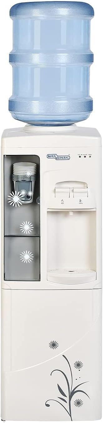 Super General Hot and Cold Water Dispenser, Water-Cooler with Cooling Cabinet and Cup-Holder, Instant-Hot-Water, 2 Taps, SGL-1191, White/Grey, 31.2 x 32.5 x 96 cm, 1 Year Warranty