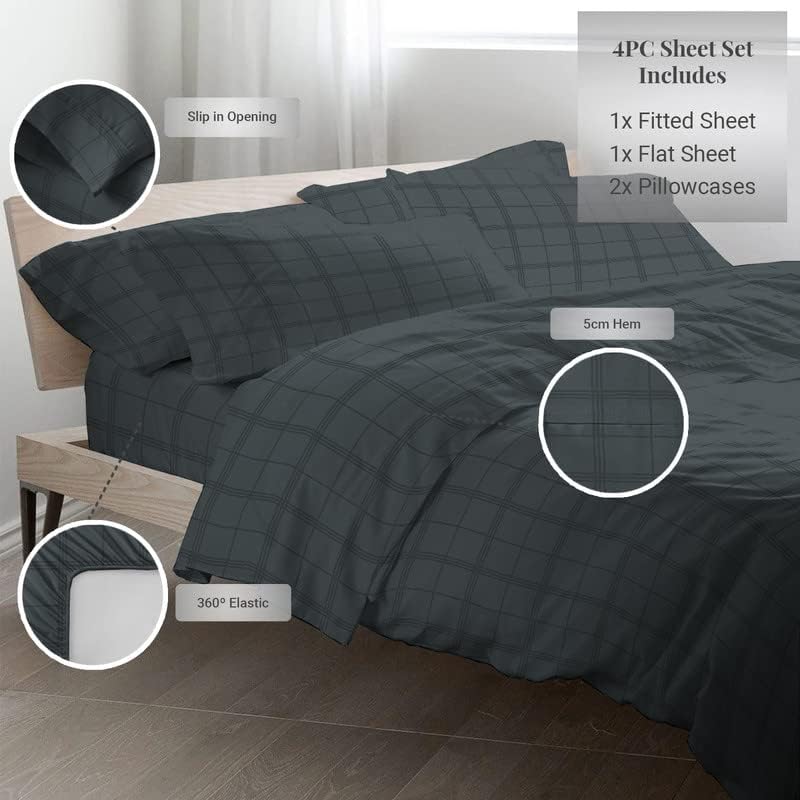 Set of 100% Cotton Dobby Striped Sheets For Queen Size Bed Anthracite Grey, 300 Thread Count Long Staple Cotton Damask Sheet, Sateen Sheet Queen, 15 Inch Deep Pocket Sheets (Damask Sheet Queen) Pizuna
