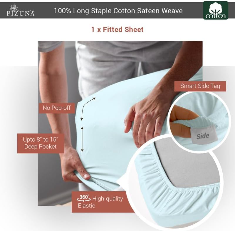 Soft 400 Thread Count Cotton Fitted Sheet Cal King Baby Blue 1pc, 100% Long Staple Cotton Soft Sateen Bed Fitted Sheet fit Upto 15 inch Deep Pockets (Cal King 100% Cotton Baby Blue Fitted Sheet)