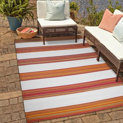 Indoor Outdoor Boho Easy Cleaning Plastic Straw Reversible Medium Area Rug for Backyard Patio Porch Camping Deck Picnic Travel, Orange Dawn & Natural White