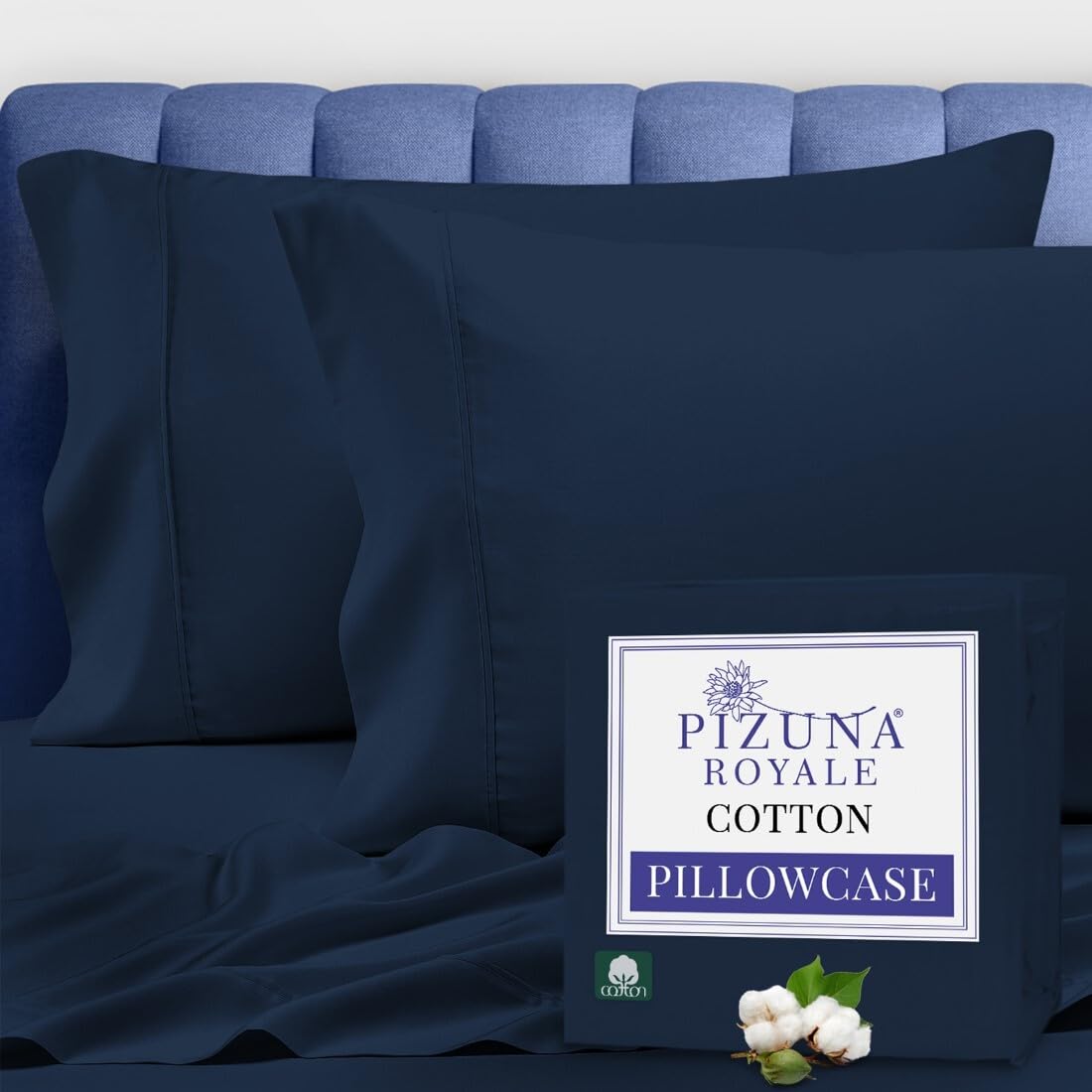 Pizuna 100% Luxury Cotton King Size Pillow Case Dark Blue, 1000 Thread Count 100% Long Staple Cotton Sateen Pillowcase, Pillow Covers with Stylish 4" Hem (Combed Cotton King Pillowcase Set of 2)