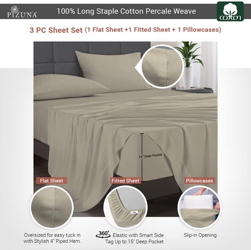 Pizuna 100% Cotton Twin XL Percale Sheets Set Simply Taupe, 100% Long Staple Cooling Twin XL Sheets Cotton, Plain Weave 15 Inch Deep Pocket Twin XL Sheets (Simply Taupe Percale Sheets Twin XL)