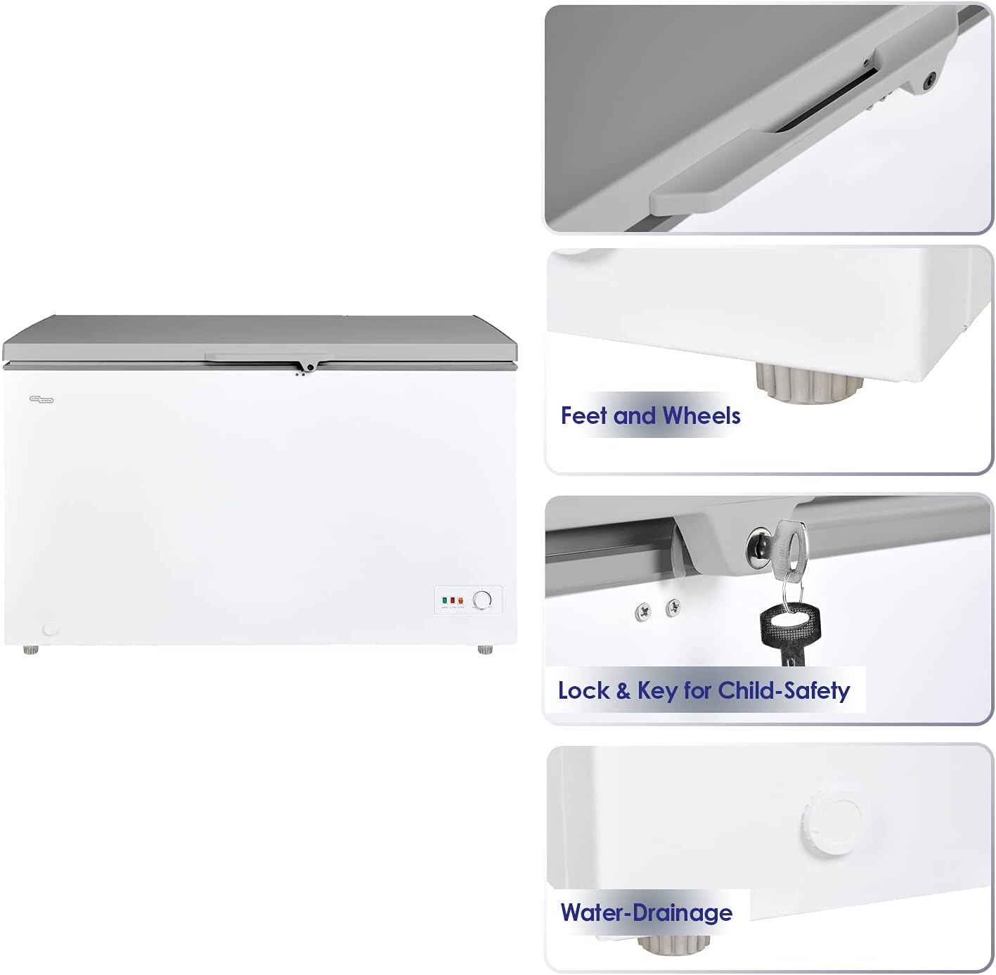 Super General Chest-Freezer 440 Liter Gross Volume, SGF-444-HM, White/Grey, Rectangular Deep-Freezer with Sliding Glass door, Lock & Key, Wheels, 130 x 67 x 84 cm, 1 Year Warranty
