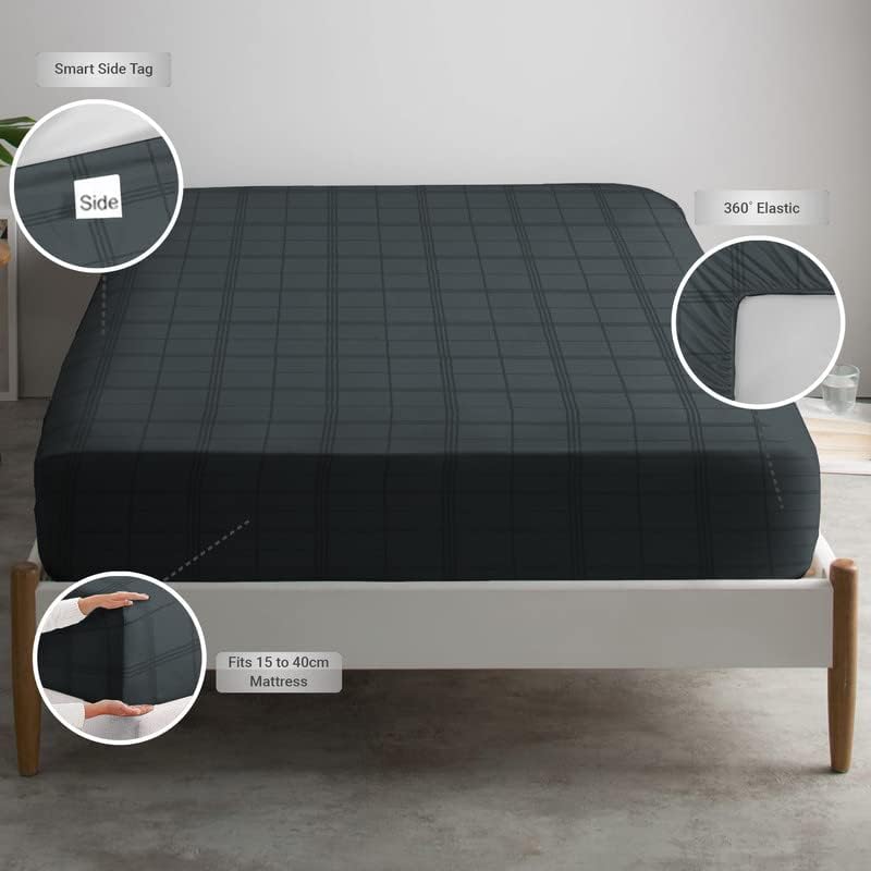 100% Cotton King Fitted Sheet Only, 300 Thread Count Long Staple Cotton Soft Sateen Weave15inch Deep Pocket Fitted Sheet (Combed Checks Luxury Anthracite Grey King Fitted Sheet Cotton)