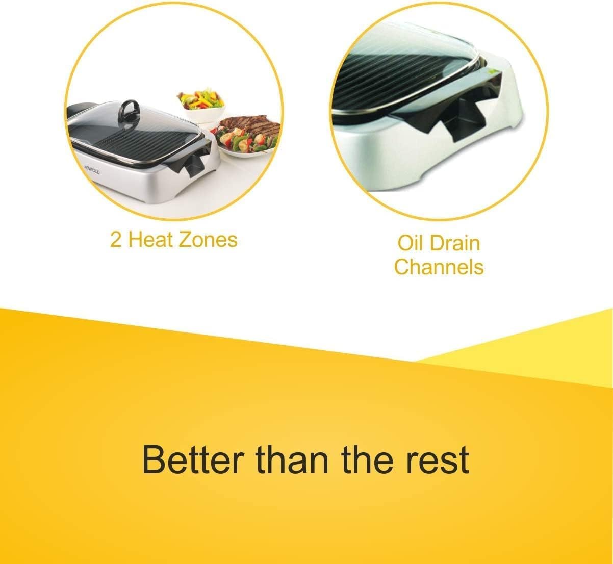 KENWOOD Grill 1700W Contact Health Large Family Sized Griddle with Glass Lid, Variable Temperature Control, Cool Touch Handles - Ideal for Steak, Chicken, Fish, Vegetables HG230 Black