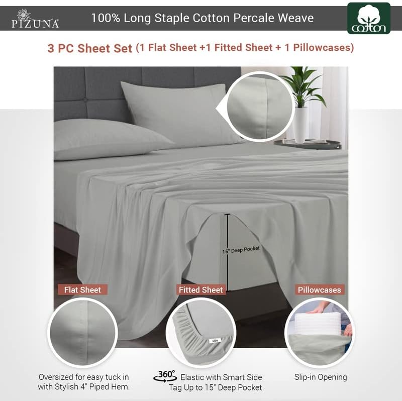 Pizuna Cotton Sheets Twin XL Size, 100% Long Staple Cotton Percale Sheets Twin XL with 15inch Deep Pocket (Combed Simply Taupe Cotton Sheets Twin XL)