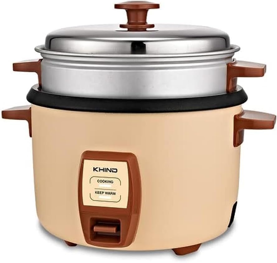 Khind Rice Cooker with Teflon Coated Aluminium Pot, 1.8 Liter Capacity, Cream Magnolia Finish - Efficient 405-480W Power, Compact Design, 1-Year Warranty - Perfect for Family Meals, Made in China