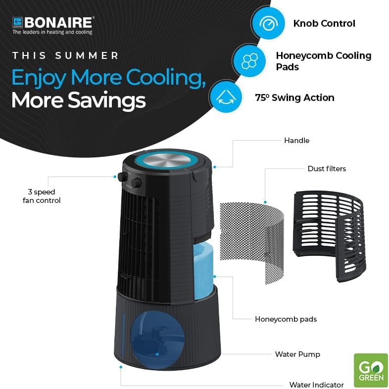 Bonaire Portable Air Conditioner 350 CFM Evaporative Air Cooler for Home Bedroom Office Indoor with Touch Control Panel and Remote, Closable Louvers, 3 Gallon, K350