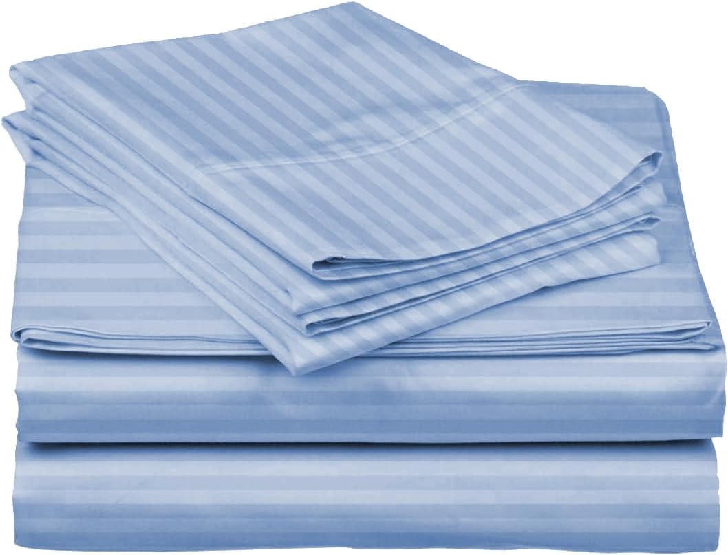 Split Head Flex King Sheets Sets for Adjustable Beds, Top Split King Sheet Set 4 Pcs, 800TC 100% Egyptian Cotton 18" Inch Deep Pocket - Split Down 34 inches from The Top, Navy Blue Stripe